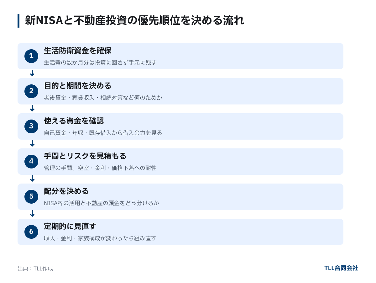 新NISAと不動産投資の優先順位を決める6ステップ。生活防衛資金の確保、目的と期間、使える資金、手間とリスク、配分、定期的な見直し